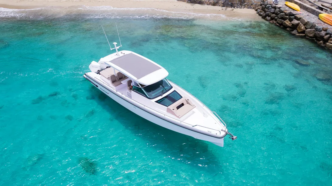 Axopar Sun Top 37 aerial view of the open deck