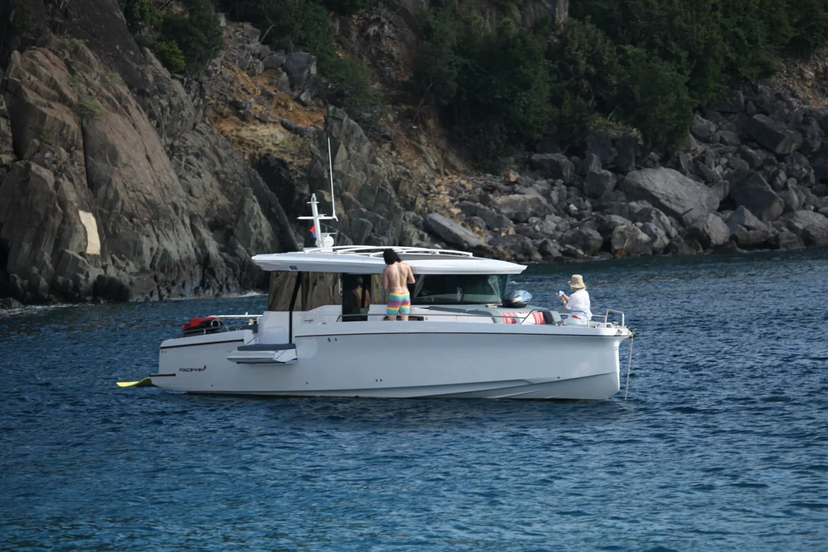 Axopar 45 at anchor under the cliffs of St Barth
