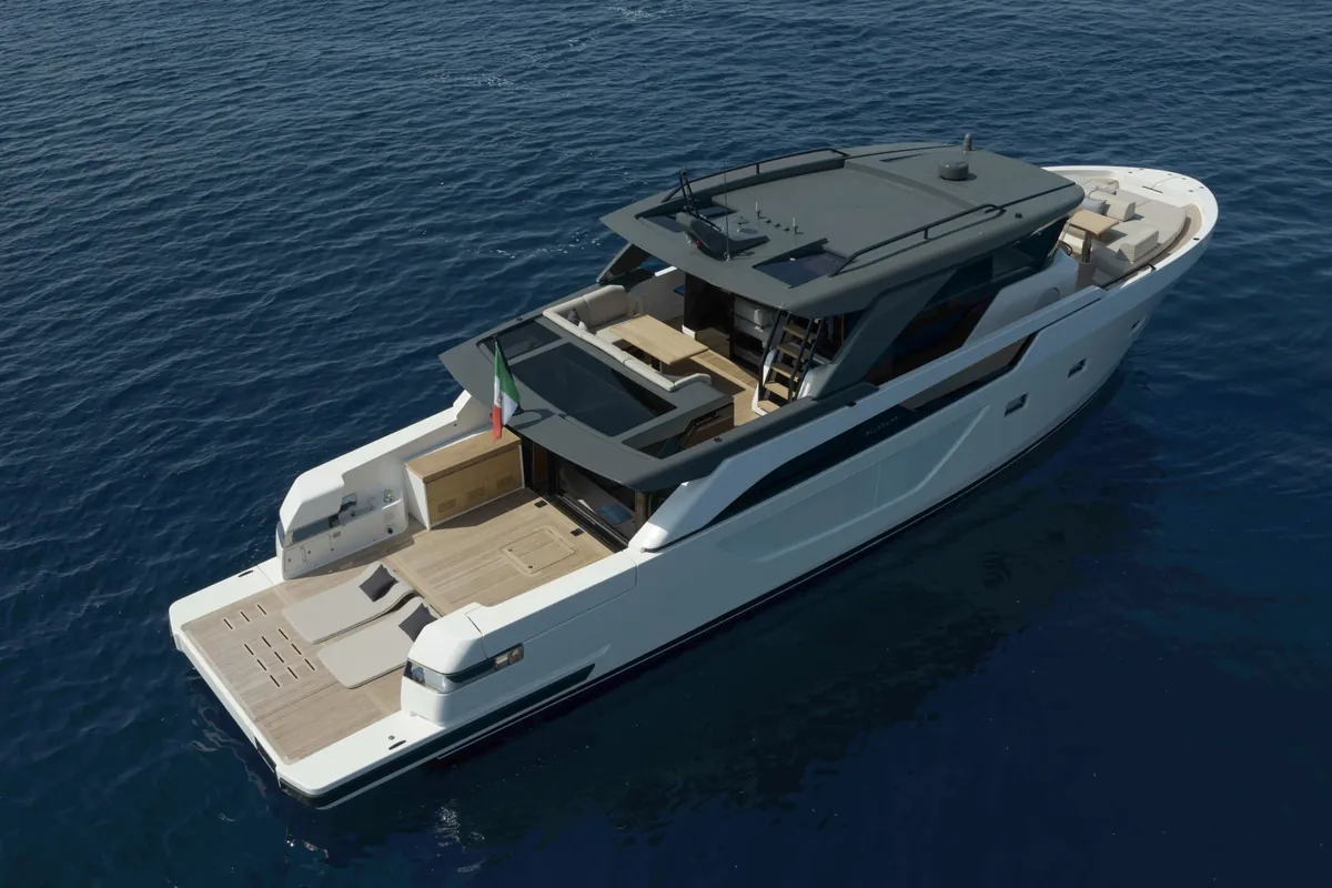 Bluegame BGX63 seen from above with the stern beach club open