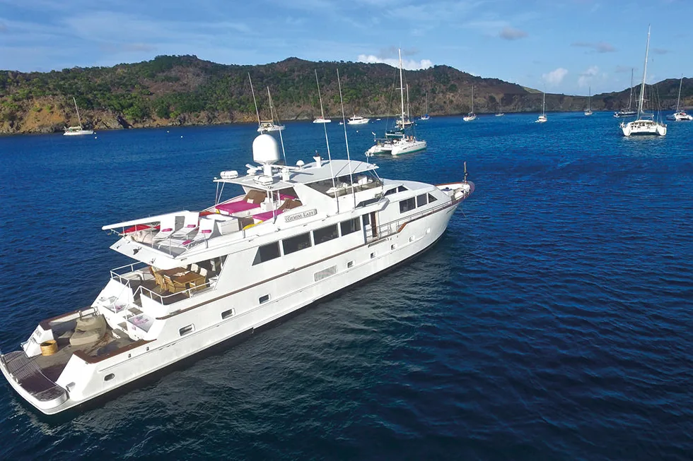 Broward 100 motor yacht at anchor off St Barth