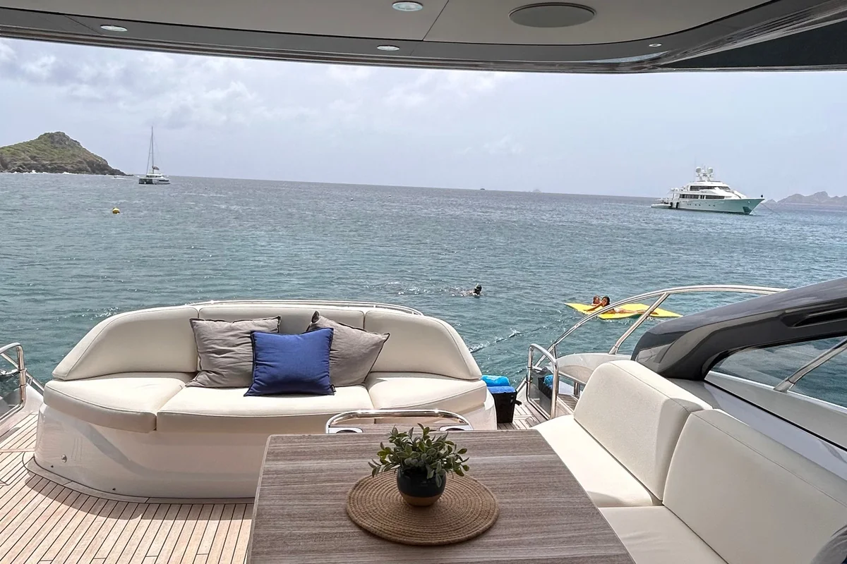 Princess 55 aft seating looking out over the anchorage